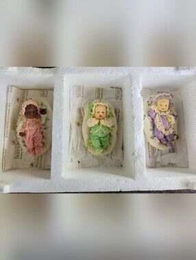 Set of 3 Ashton-Drake Porcelain Baby Orniments - Pink, Green, Lavender (BC1)